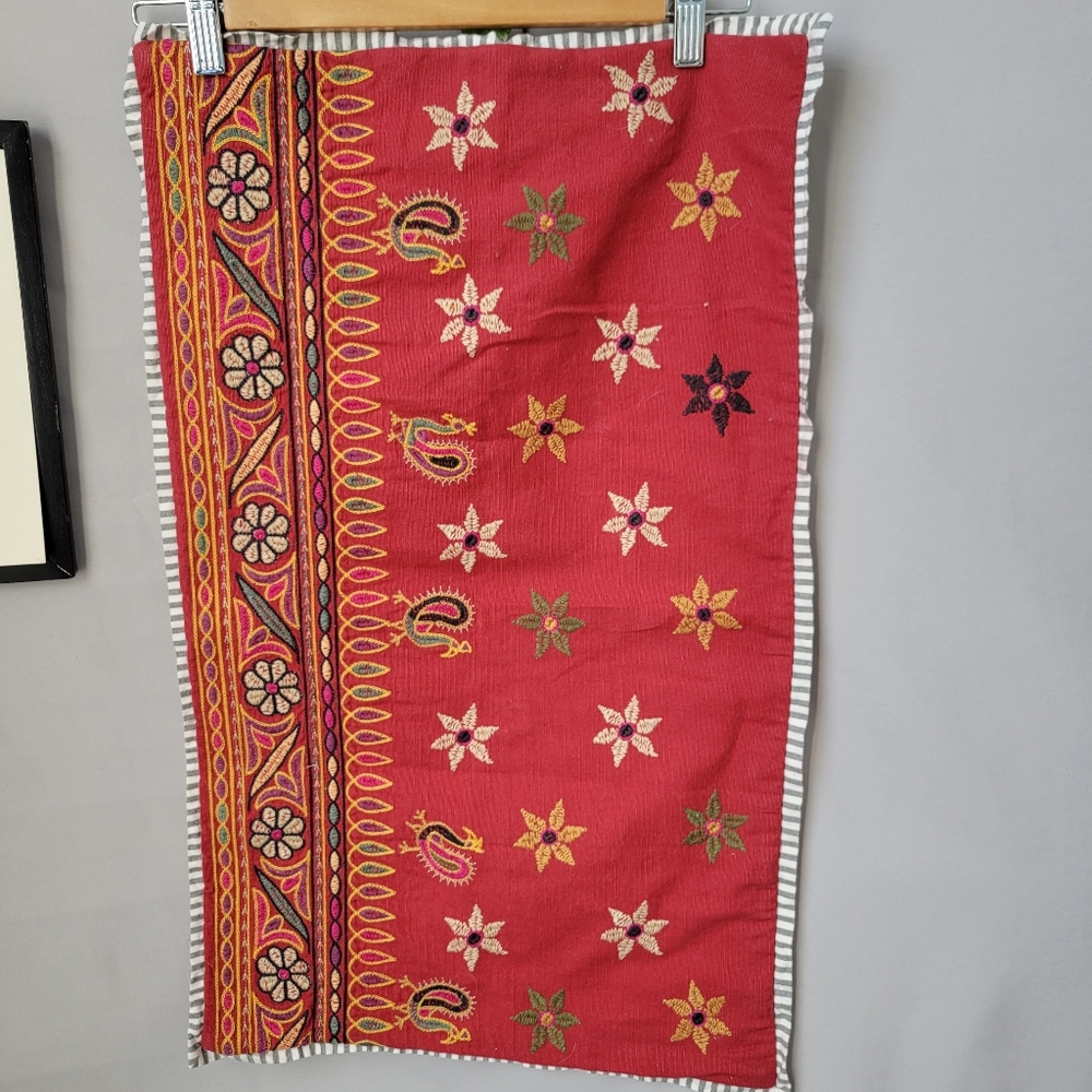 Pottery Barn Etta Embroidered‎ Floral Stripe Lumbar Pillow Cover Red 16" x 26"
